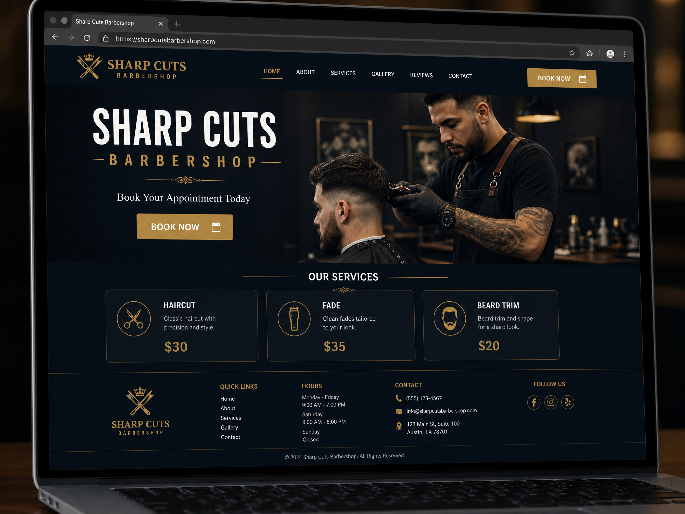 Barbershop website mockup — Sharp Cuts Barbershop